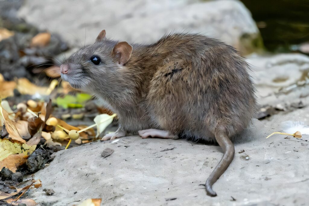 Rat brun posé sur un rocher parmi des feuilles d'automne